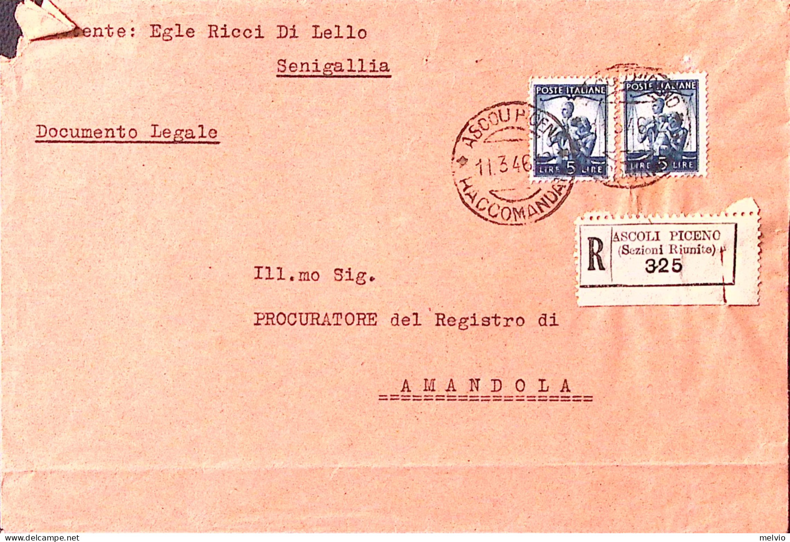1946-Democratica 2 Lire 5 (555) Su Manoscritti Raccomandati Ascoli (11.3) - 1946-60: Poststempel
