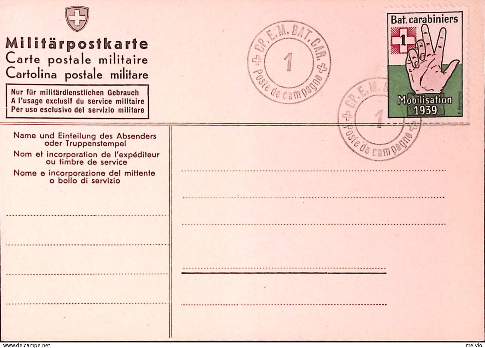 1939-Svizzera Circa CP. E.M. BAT. CAR./1/POSTE DE CAMPAGNE Timbro E Chiudiletter - Autres & Non Classés