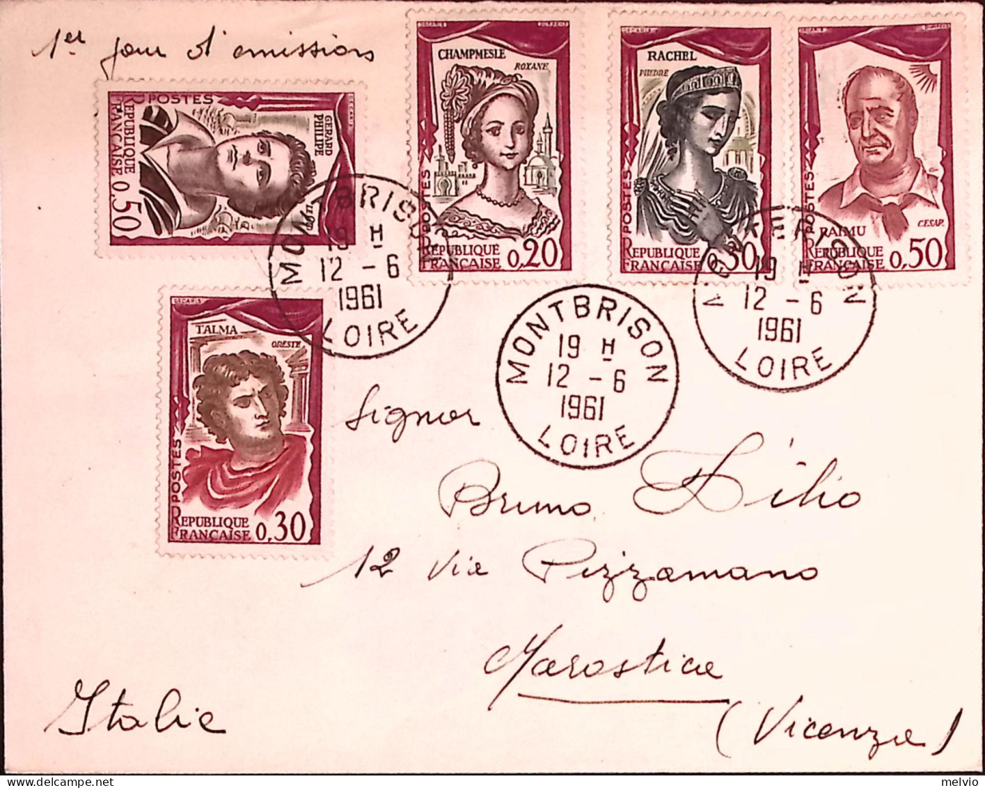 1961-Francia Attori Di Prosa Serie Cpl. (1301/5) Fdc Viaggiata Per Italia - 1960-1969