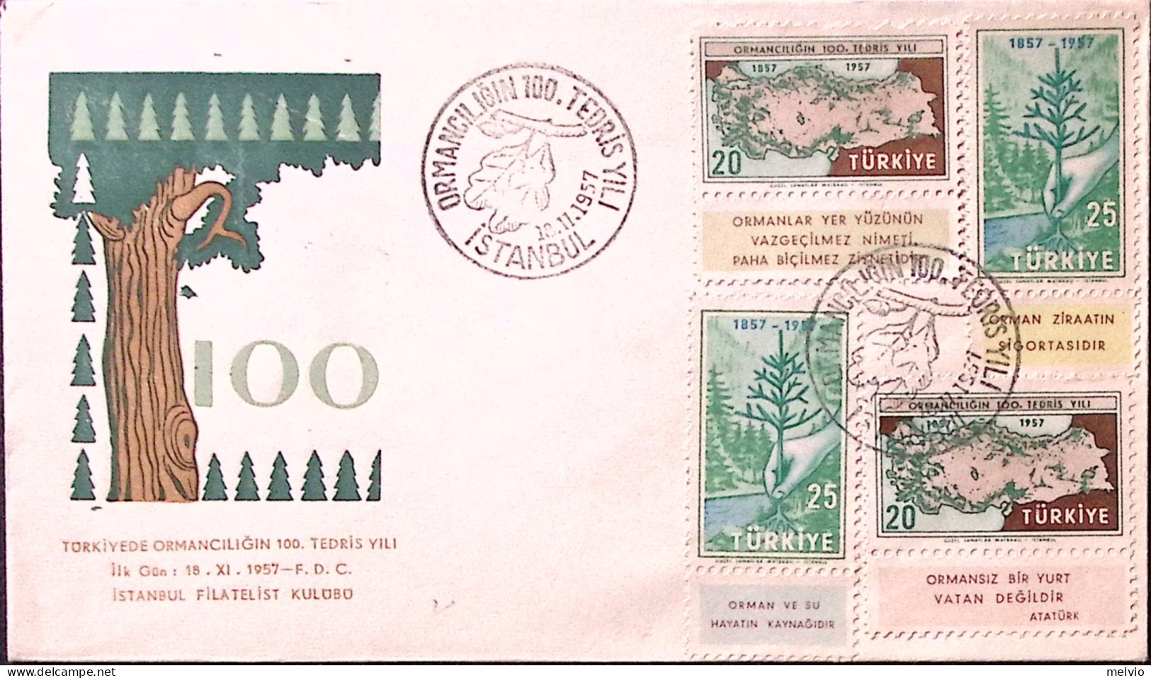 1957-TURCHIA 100 Ann. Insegnamento ECONOMIA FORESTALE Due Serie Cpl. Con Bandell - Sonstige & Ohne Zuordnung