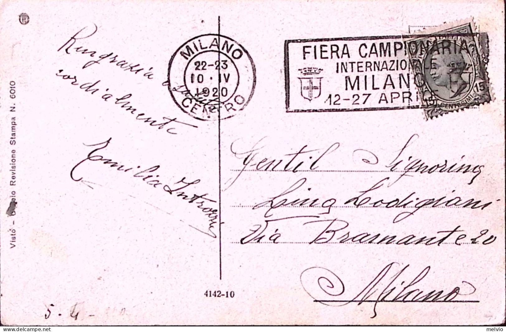 1920-MILANO C.2 + Fiera Campionaria Internazionale (10.4) Annullo Targhetta Su C - Poststempel