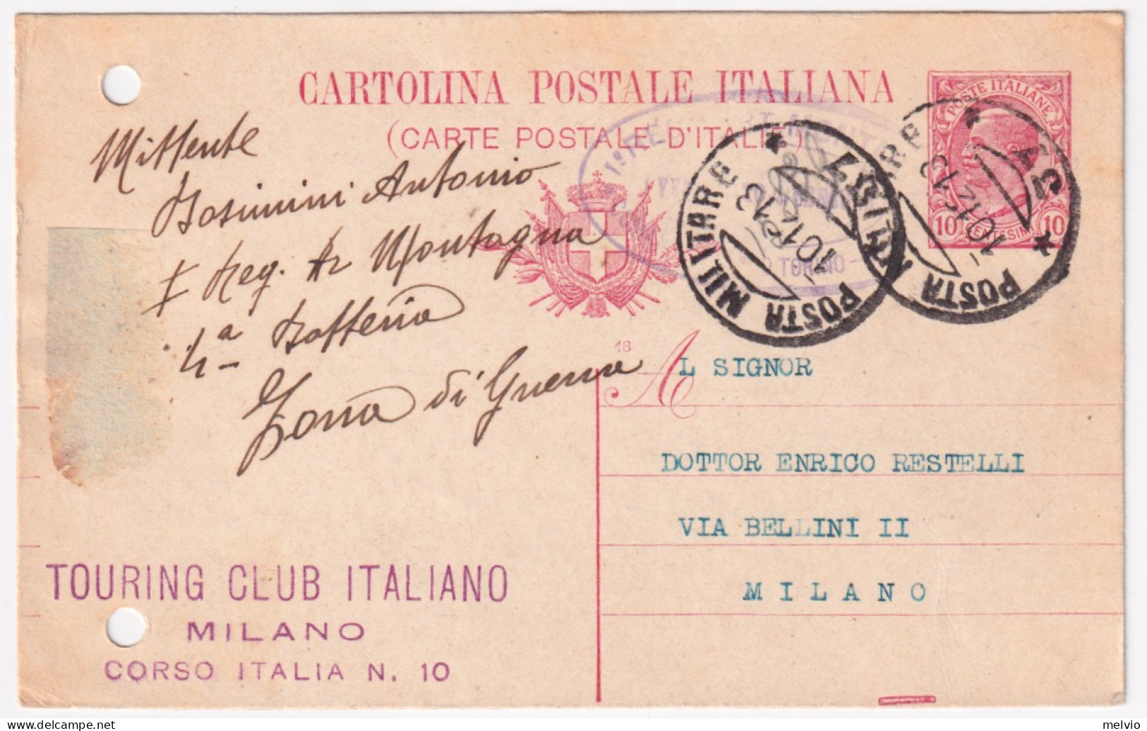 1918-Posta Militare/37 C.2 (10.12) Su Cartolina Postale Leoni C.10 Mill.18 (fori - Poststempel