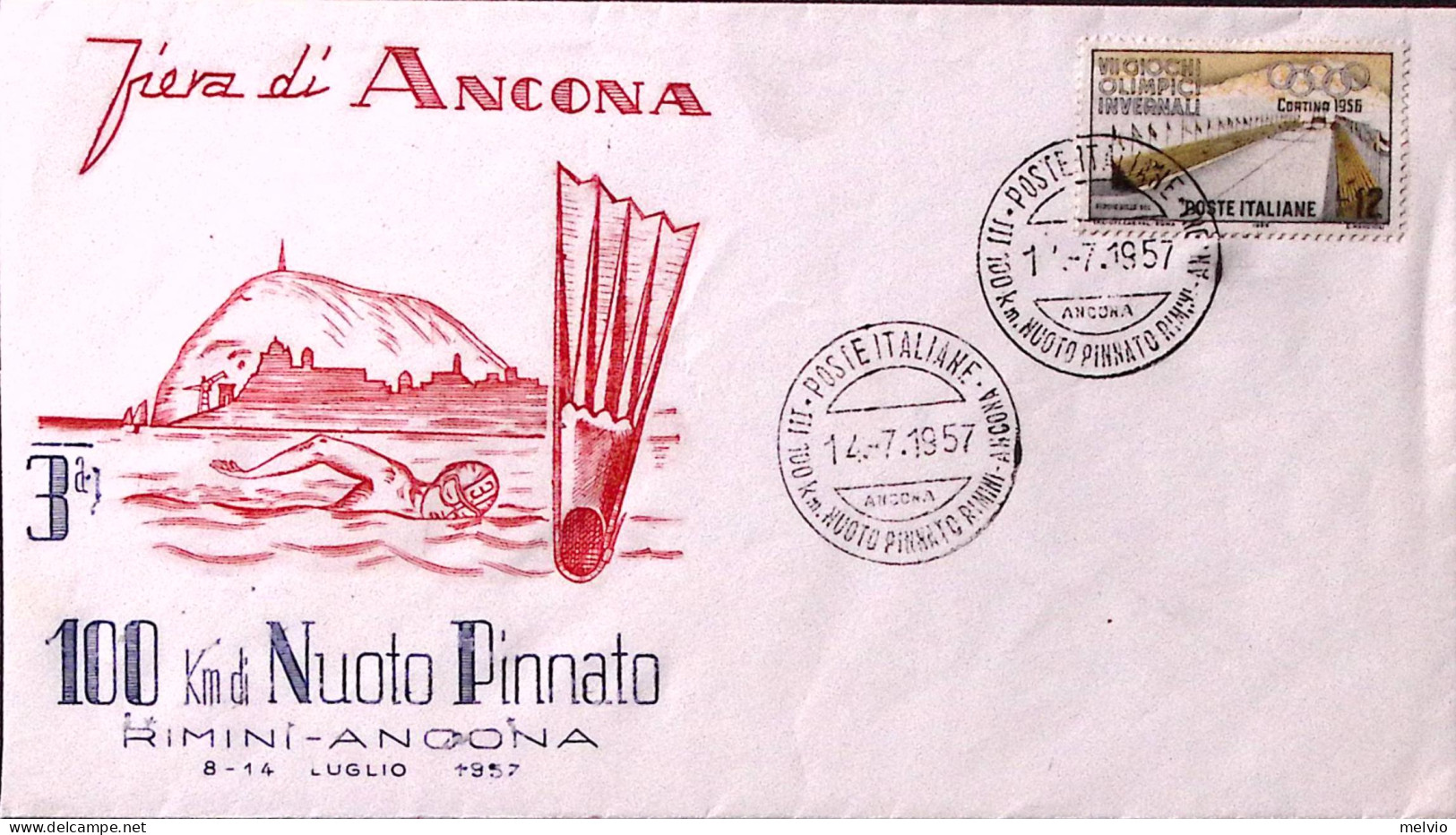 1957-ANCONA III^100 Km. NUOTO PINNATO RIMINI-ANCONA (14.7) Annullo Speciale Su B - Expositions