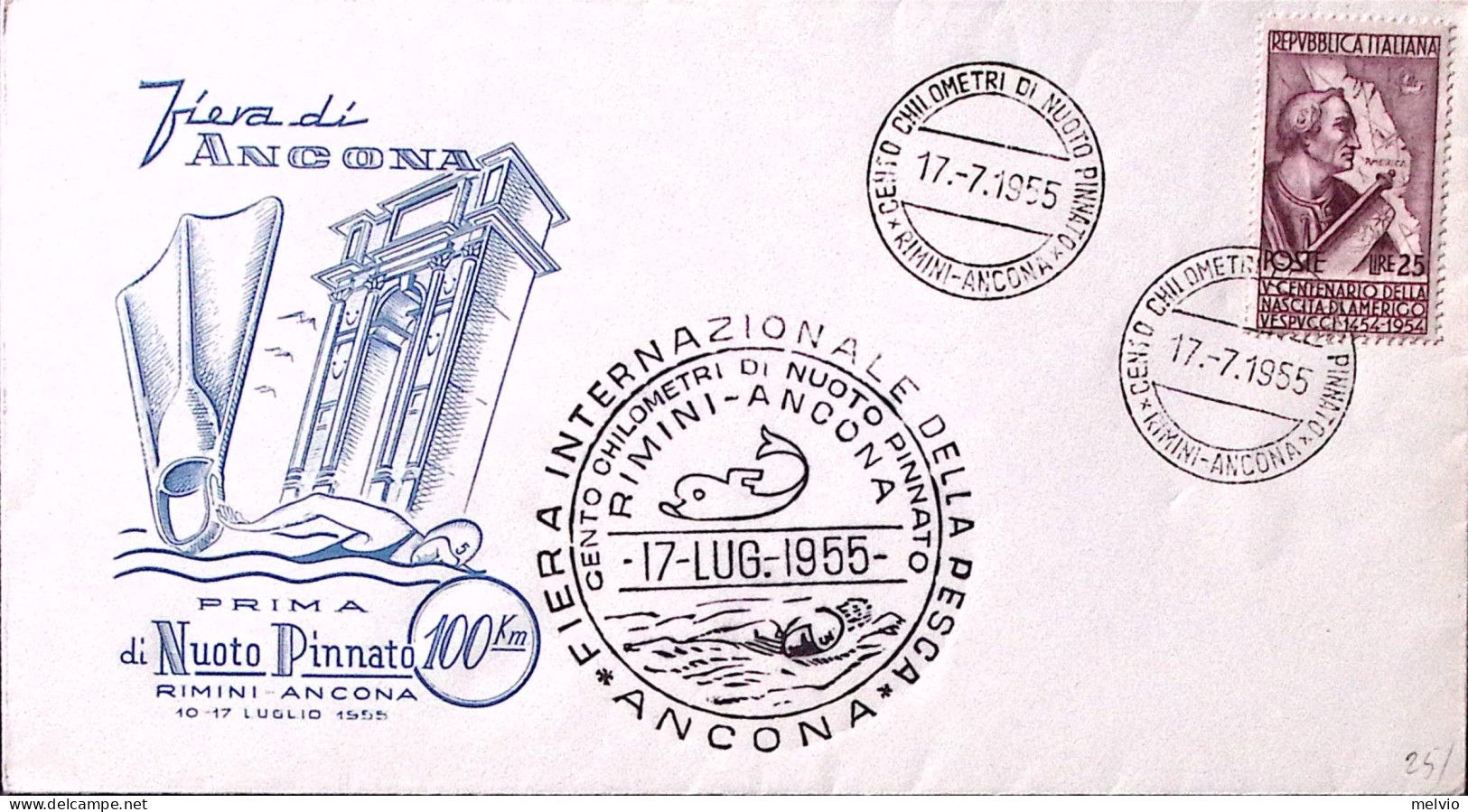1955-ANCONA 100 Km. NUOTO PINNATO RIMINI-ANCONA (17.7) Annullo Speciale Su Busta - Exhibitions