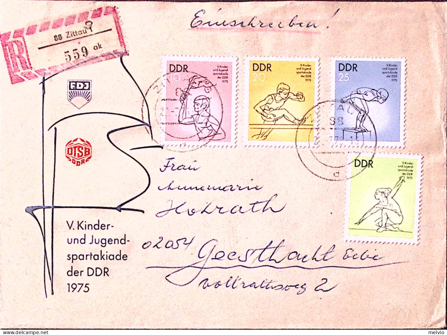 1975-GERMANIA DDR V Spartachiadi Giovanili Serie Completa (1745/8) Su Raccomanda - Lettres & Documents