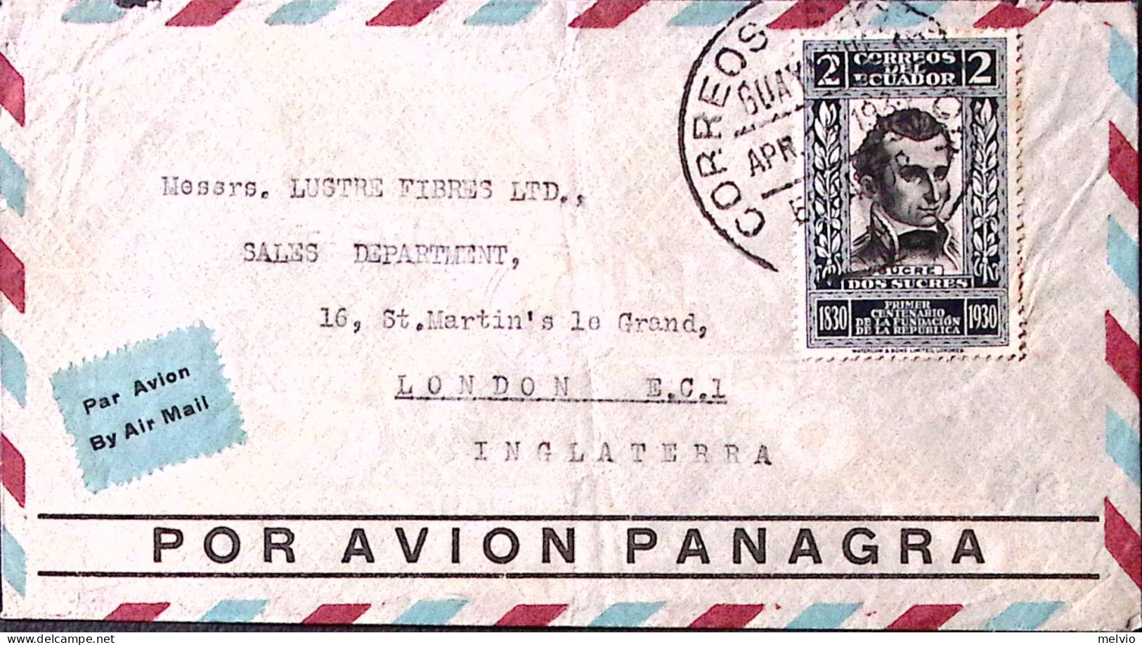 1933-Ecuador 100 Anniversario Repubblica S. 2 (295) Isolato Su Busta Via Aerea P - Ecuador