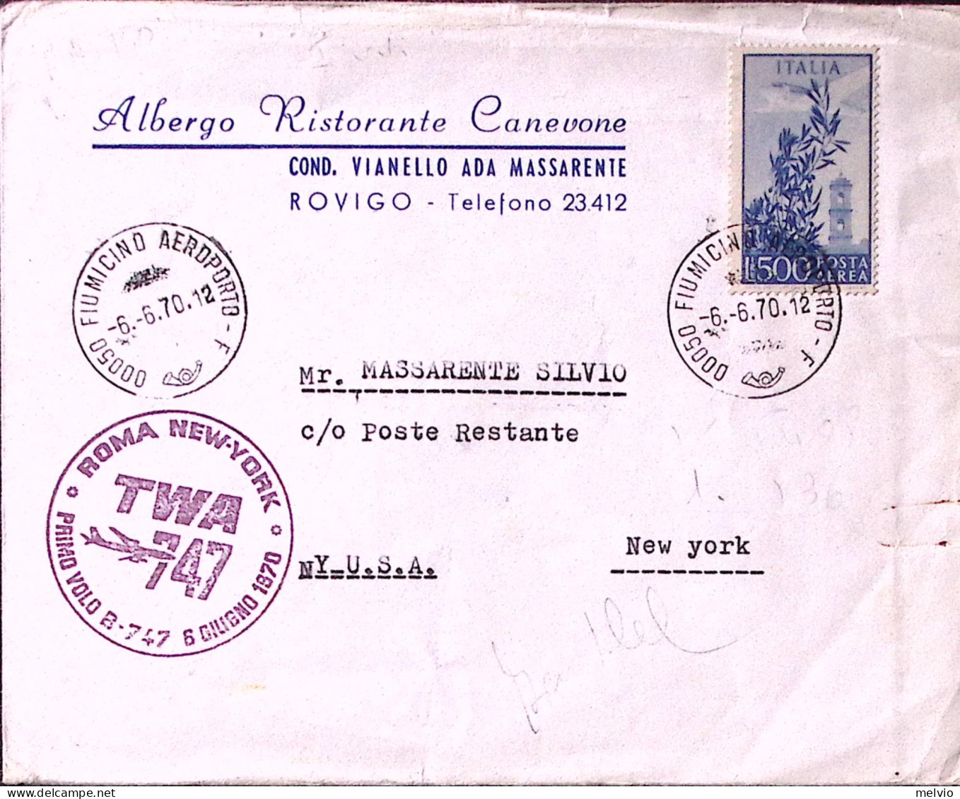 1970-I^volo TWA ROMA/NEW YORK (6.6) Annullo Speciale Su Busta Affr. Posta Aerea  - Luftpost