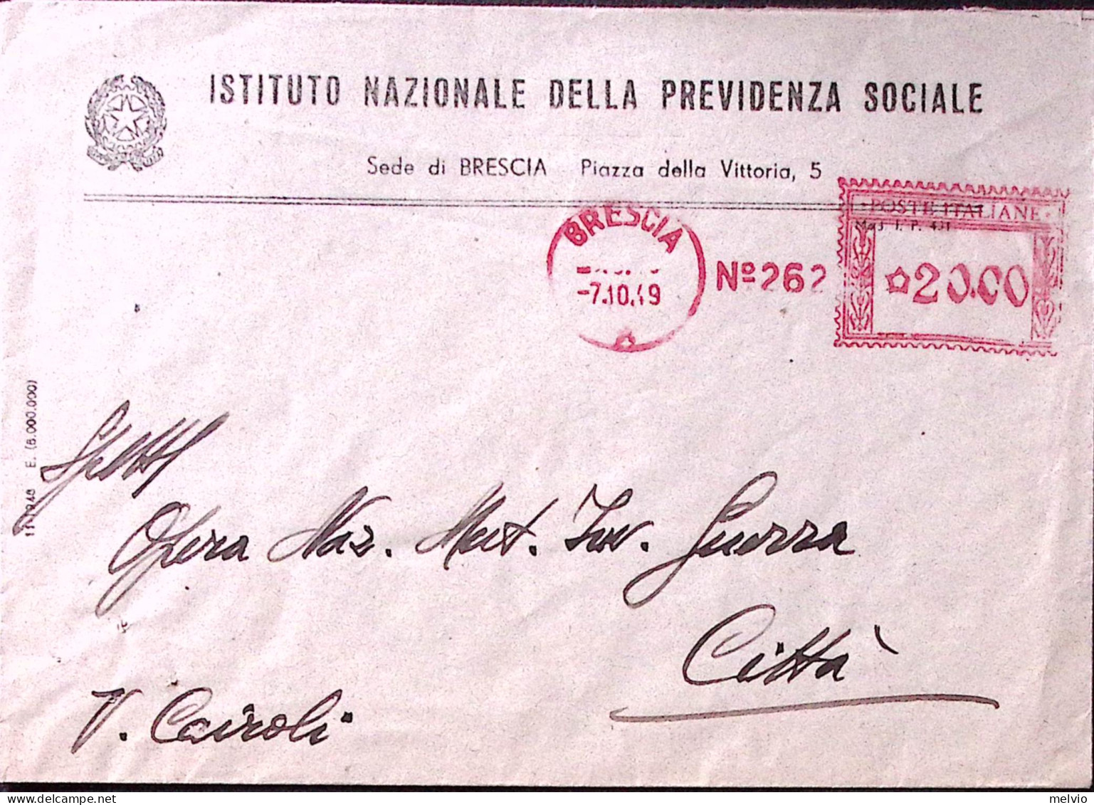 1949-INPS N 262 Brescia Lire 20 (7.10) Affrancatura Meccanica (rossa) Su Busta - Maschinenstempel (EMA)