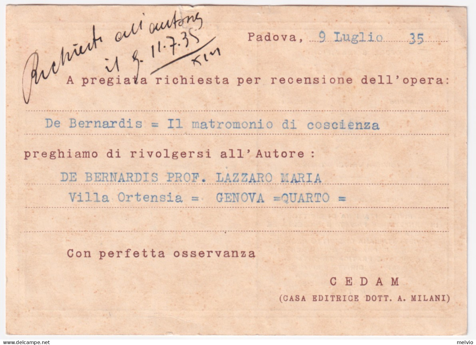 1935-Affrancatura Meccanica Rossa C.30 Cedam/Padova (10.7) Su Cartolina - Maschinenstempel (EMA)