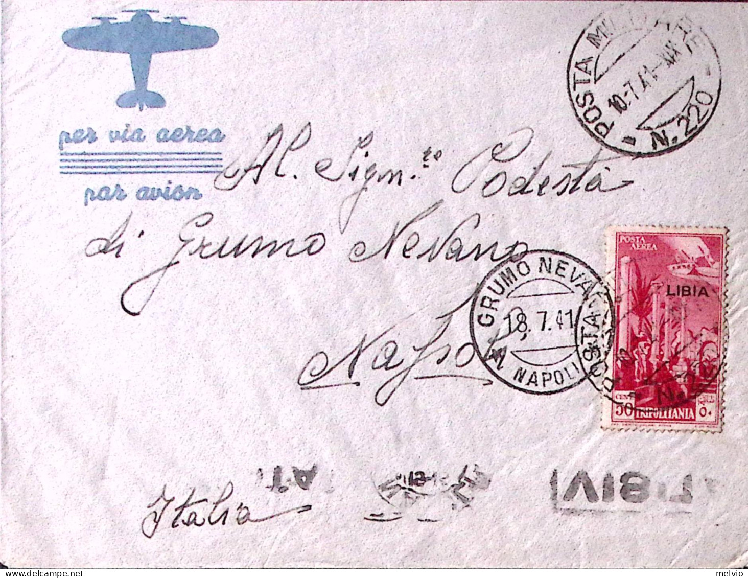 1941-Posta Militare/n. 220 C.2 (10.7) Su Busta Affr. Libia PA C.50 - Libië