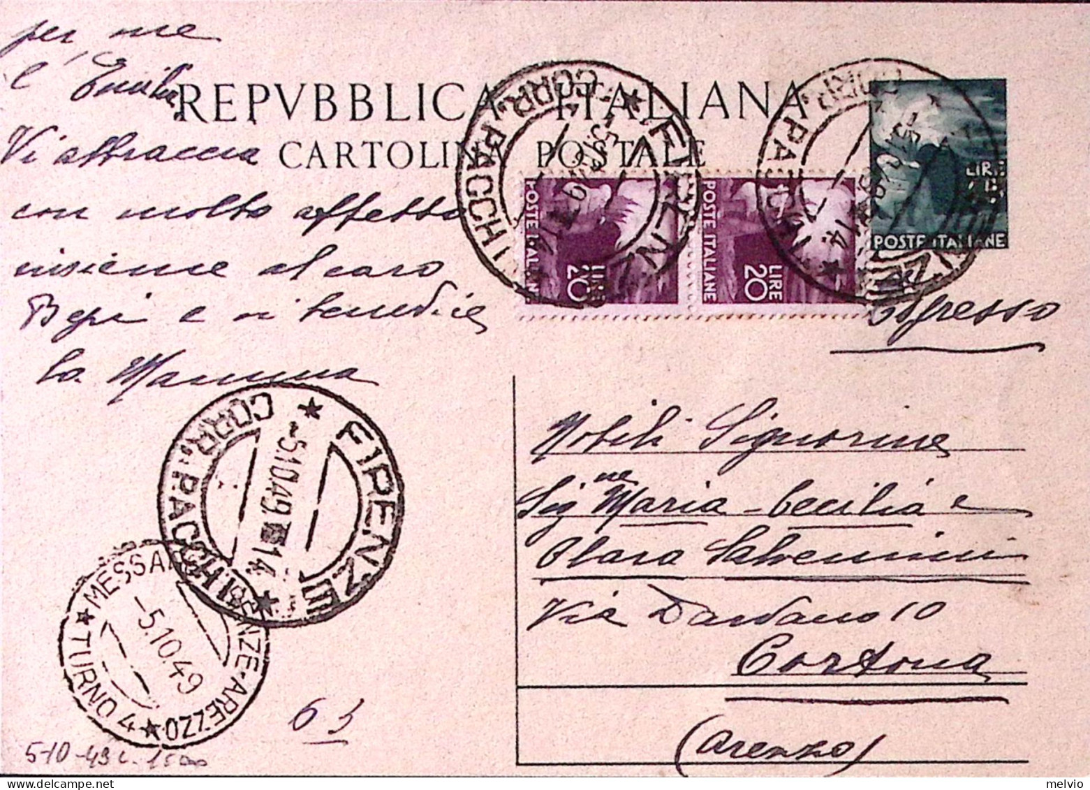 1949-Messagg. Firenze Arezzo Turno 4 , Bollo Su Cartolina Postale L.15 Fiaccola  - Interi Postali