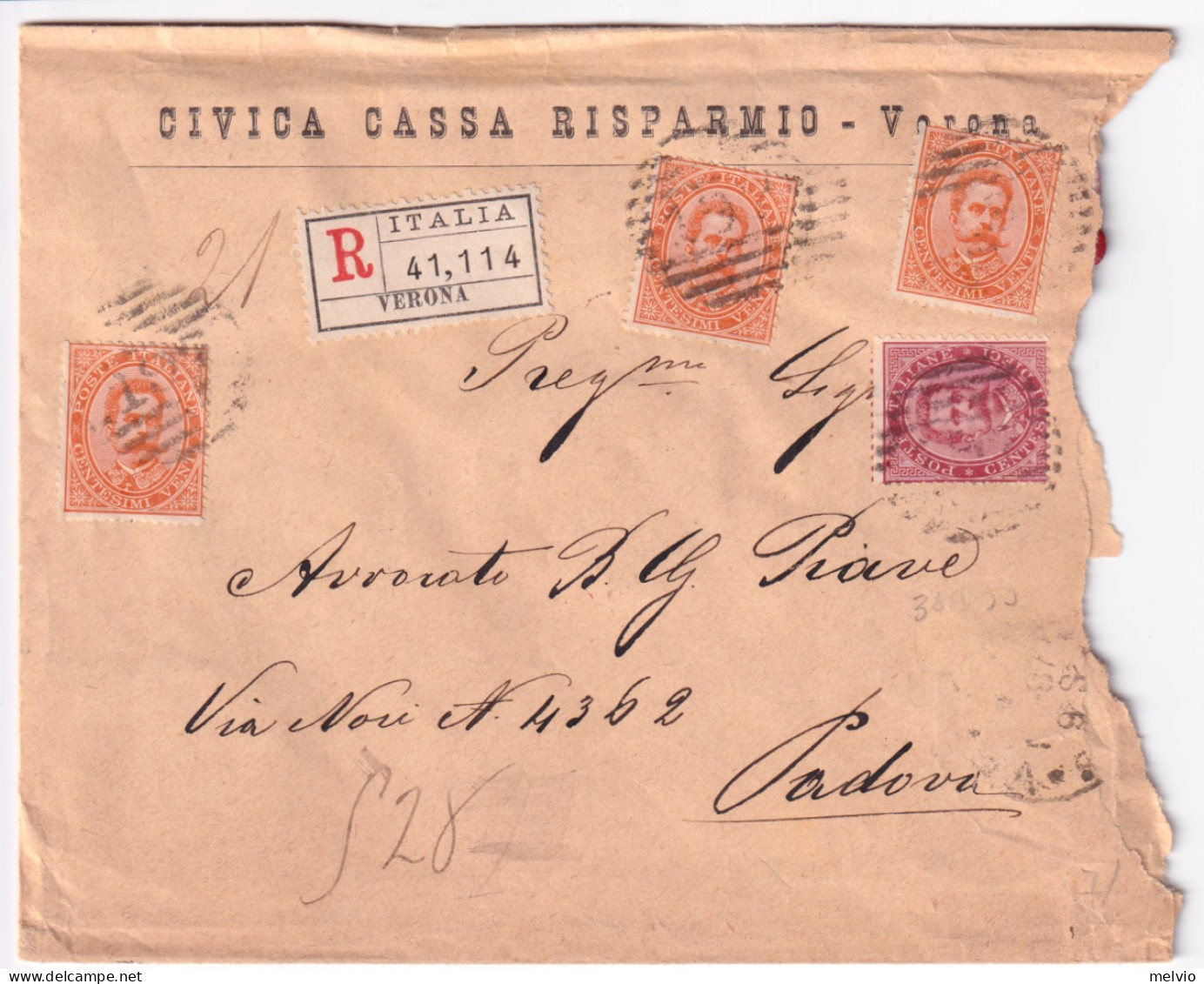 1887-effigie C.10 E Tre C.20 (38/9) Su Raccomandata Verona (3.1) - Storia Postale