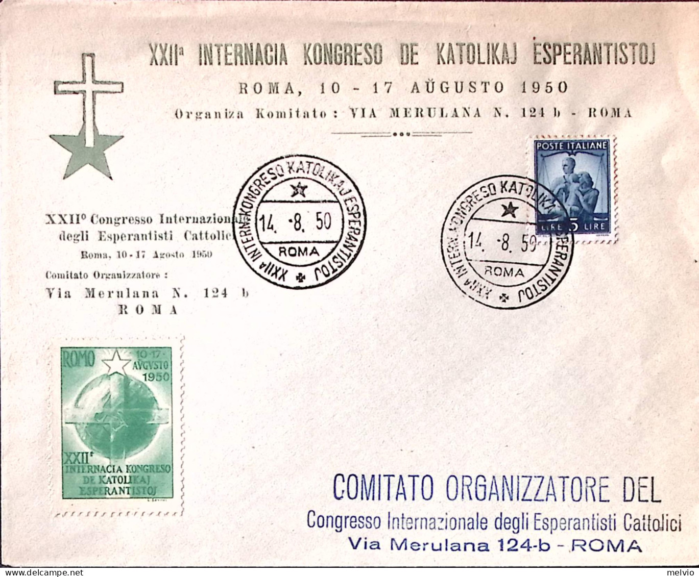 1950-ROMA XXII^ InTERNACIA KONGRESO KATOLIKAJ ESPERANTISTOJ (14.8) Annullo Speci - Esperanto