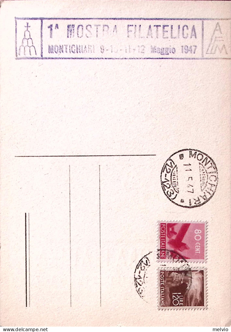 1947-MONTICHIARI I^ Mostra Filatelica Timbro Gomma Viola Su Cartolina Annullata  - Expositions