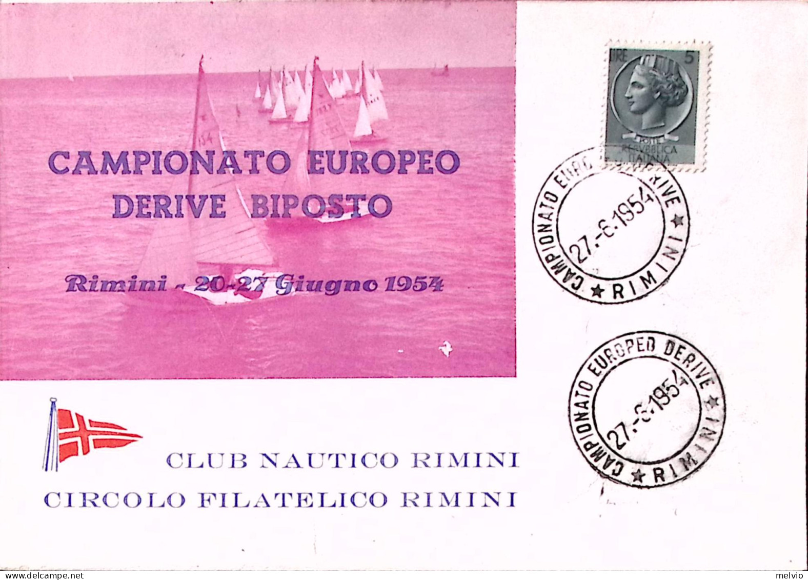 1954-RIMINI CAMPIONATO EUROPEO DERIVE (27.6) Annullo Speciale Su Cartolina - Manifestaciones