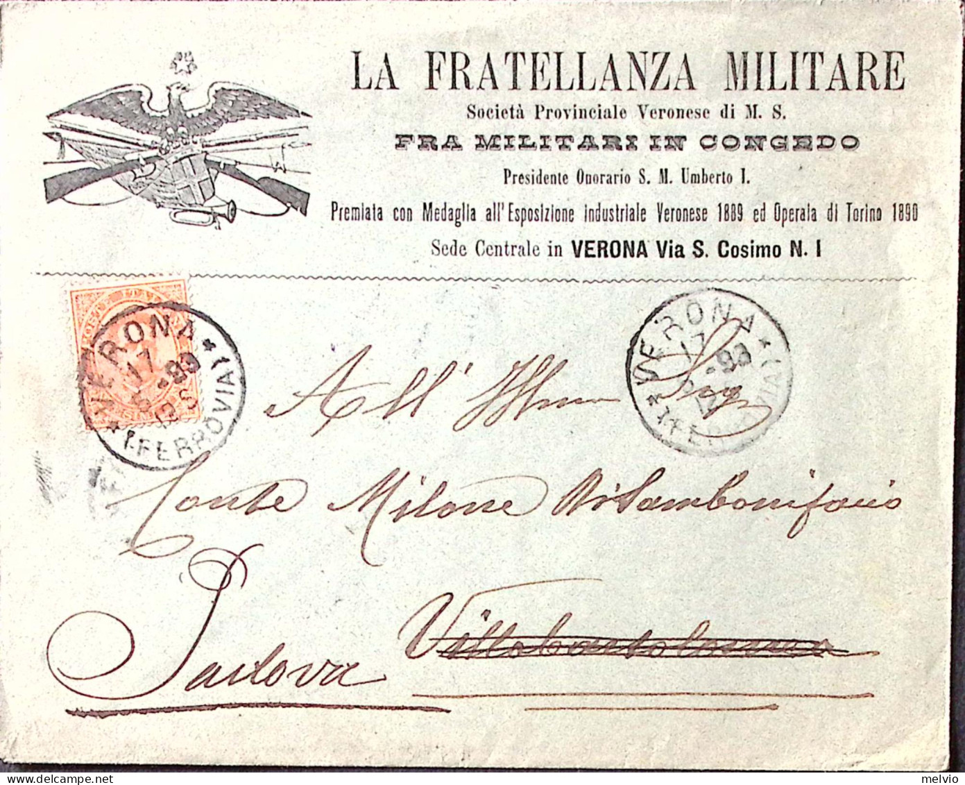 1893-VERONA La Fratellanza Militare Busta Con Intestazione A Stampa Viaggiata - Storia Postale