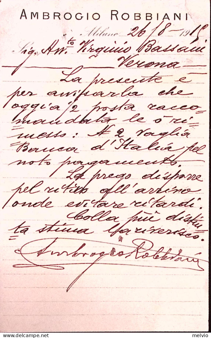 1915-MILANO Ambrogio Robbiani Cartolina Con Intestazione A Stampa Viaggiata (27. - Italy