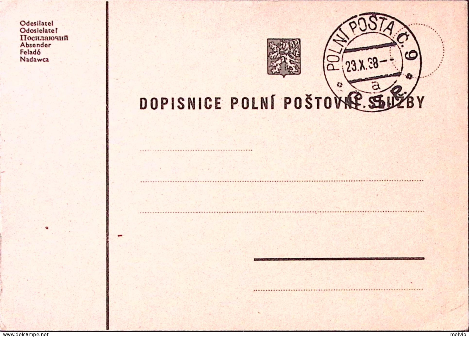 1938-CECOSLOVACCHIA POLNI Posta C. 9/a/C.S.P. C.2 (23.10) Su Cartolina Franchigi - Other & Unclassified