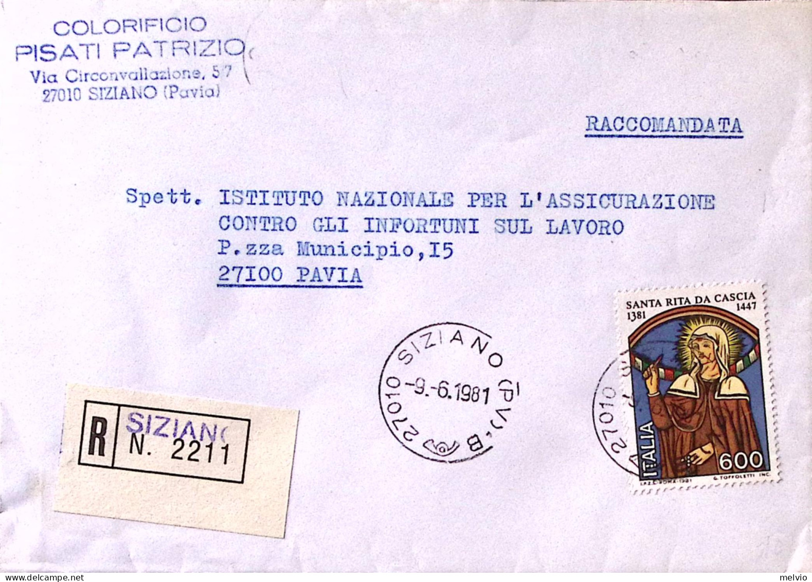 1981-SANTA RITA DA CASCIA Lire 600 Isolato Su Raccomandata Siziano (9.6) - 1981-90: Marcophilia