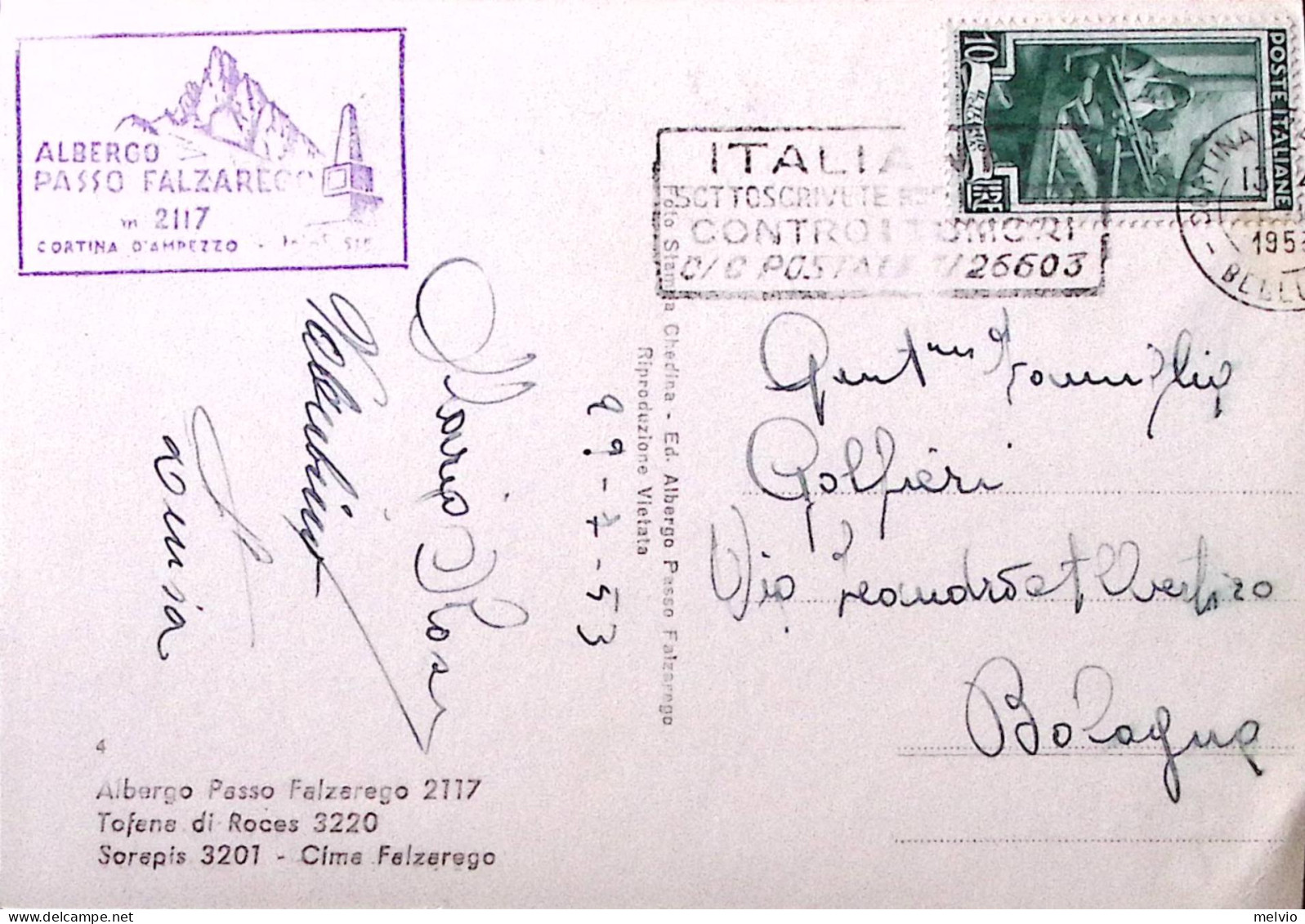 1953-PASSO FALSAREGO Albergo Viaggiata Cortina (30.7) - Hotels & Restaurants