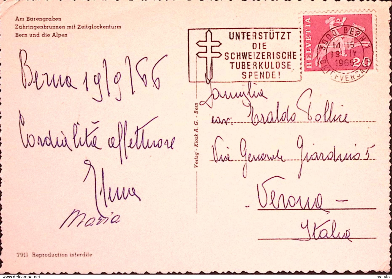 1966-Svizzera Pro Tubercolotici/Berna (19.9) Annullo Targhetta Su Cartolina Per  - Sonstige & Ohne Zuordnung