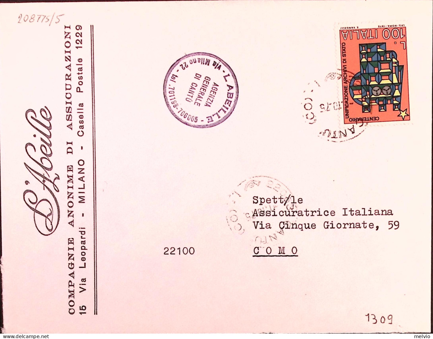 1976-ARCHIVI STATO Lire 100 Isolato Su Busta Cantù (8.10) - 1971-80: Marcophilia