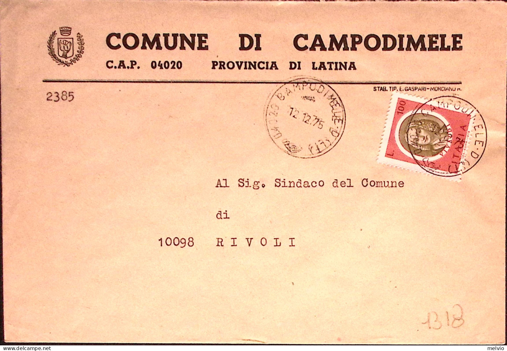 1975-VIVALDI Lire 100 Isolato Su Busta Campodimele (12.12) - 1971-80: Marcophilie