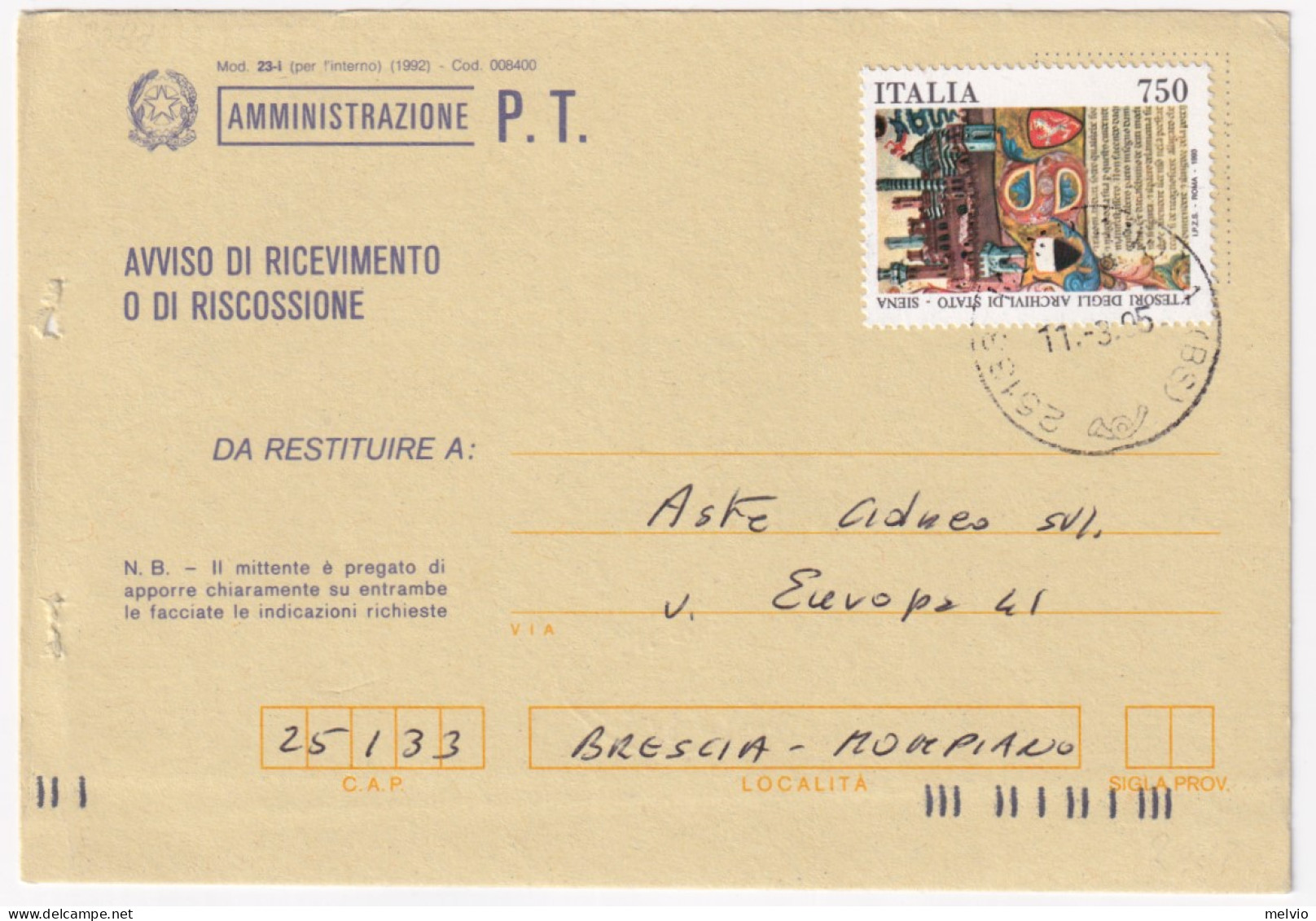 1995-ARCHIVIO STATO SIENA Lire 750 (2087) Isolato Su Avviso Ricevimento - 1991-00: Marcophilia