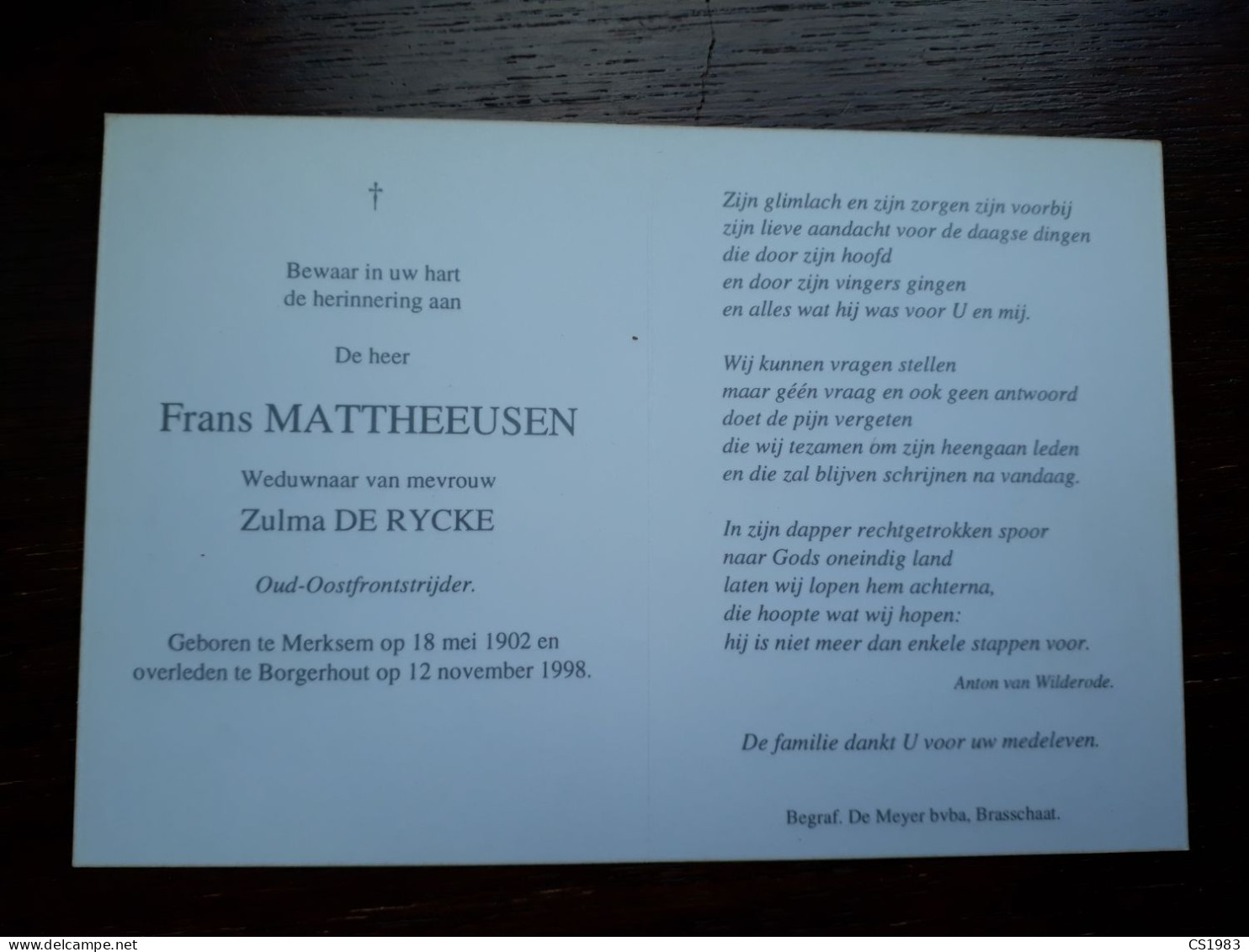 Oud-Oostfrontstrijder - Frans Mattheeusen ° Merksem 1902 + Borgerhout 1998 X Zulma De Rycke - Obituary Notices