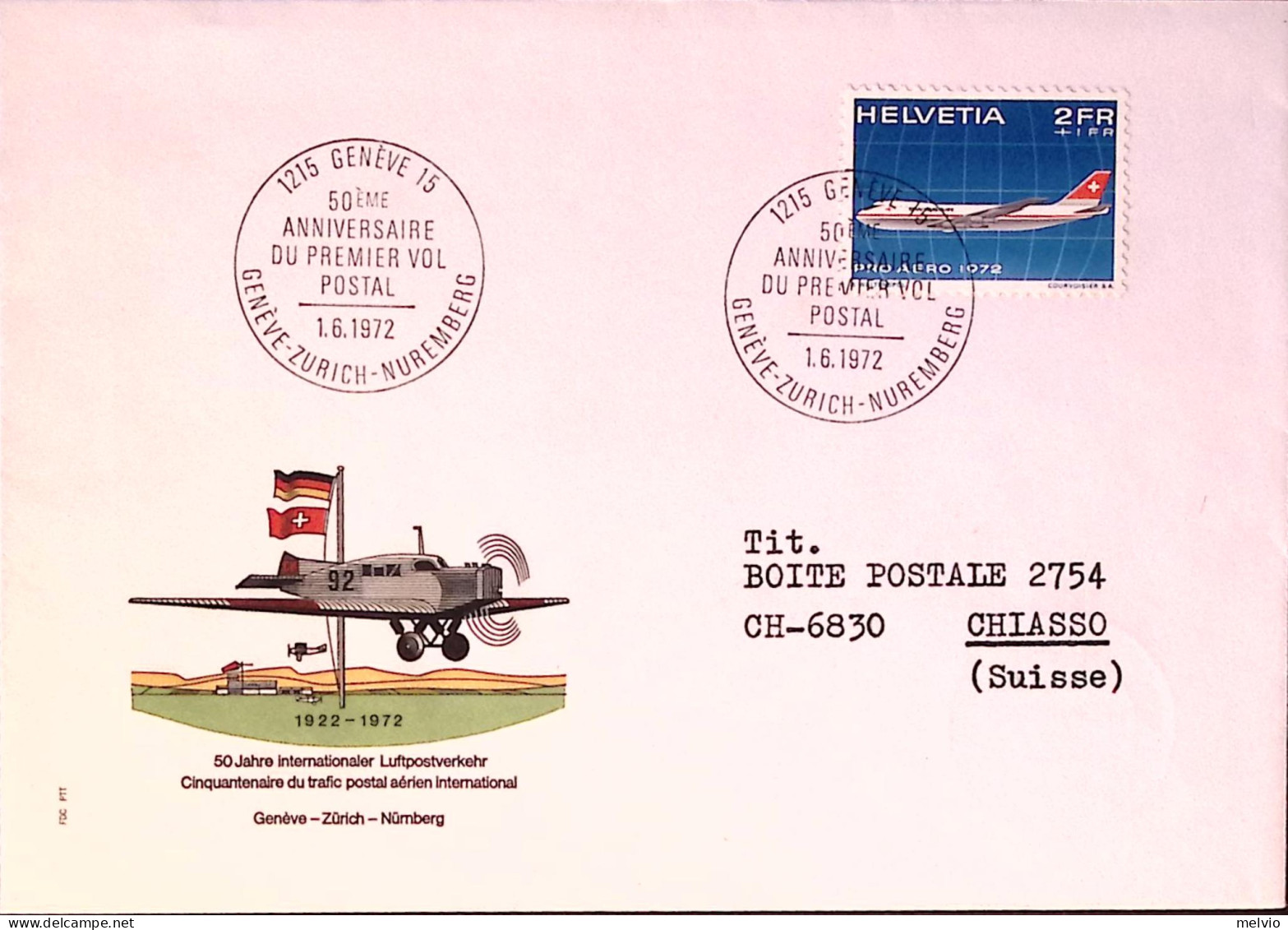 1972-Svizzera 50 Anniversario Primo Volo Postale (1.6) Annullo Speciale Su Busta - Primeros Vuelos
