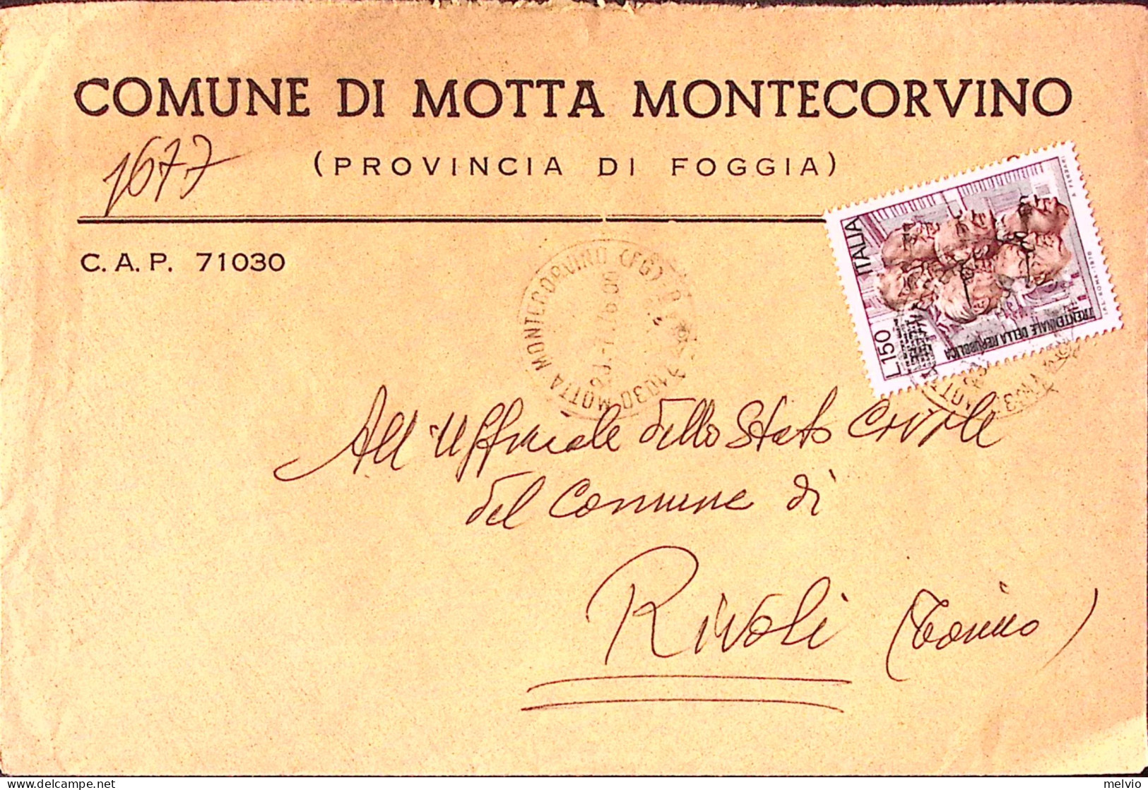 1976-ANNIVERSARIO REPUBBLICA Lire 150 Isolato Su Busta Motta Montecorvino (23.7) - 1971-80: Marcophilie