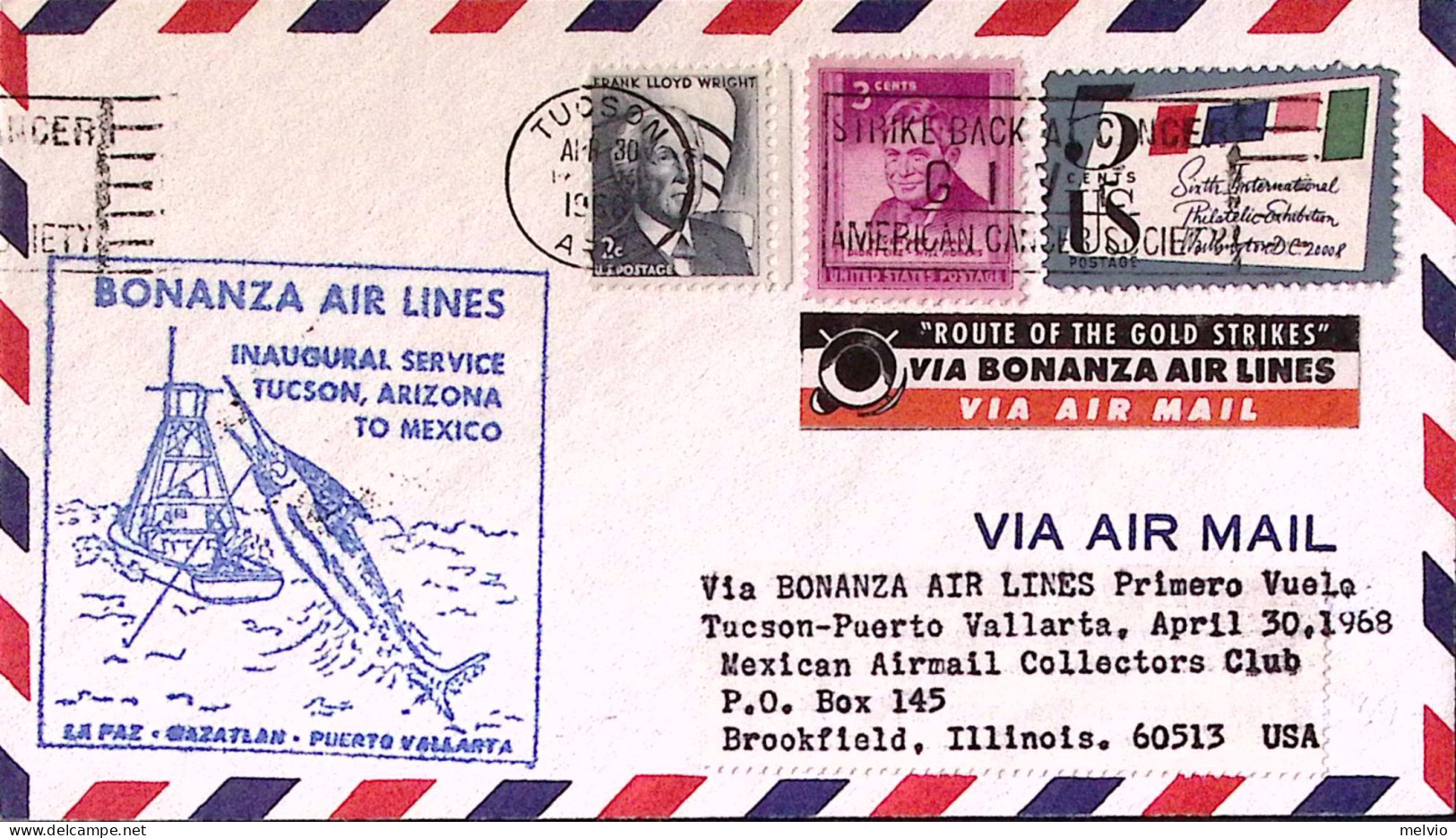 1968-U.S.A. Bonanza Air Lines Inaugurazione Volo Tucso-Mexico - Luftpost