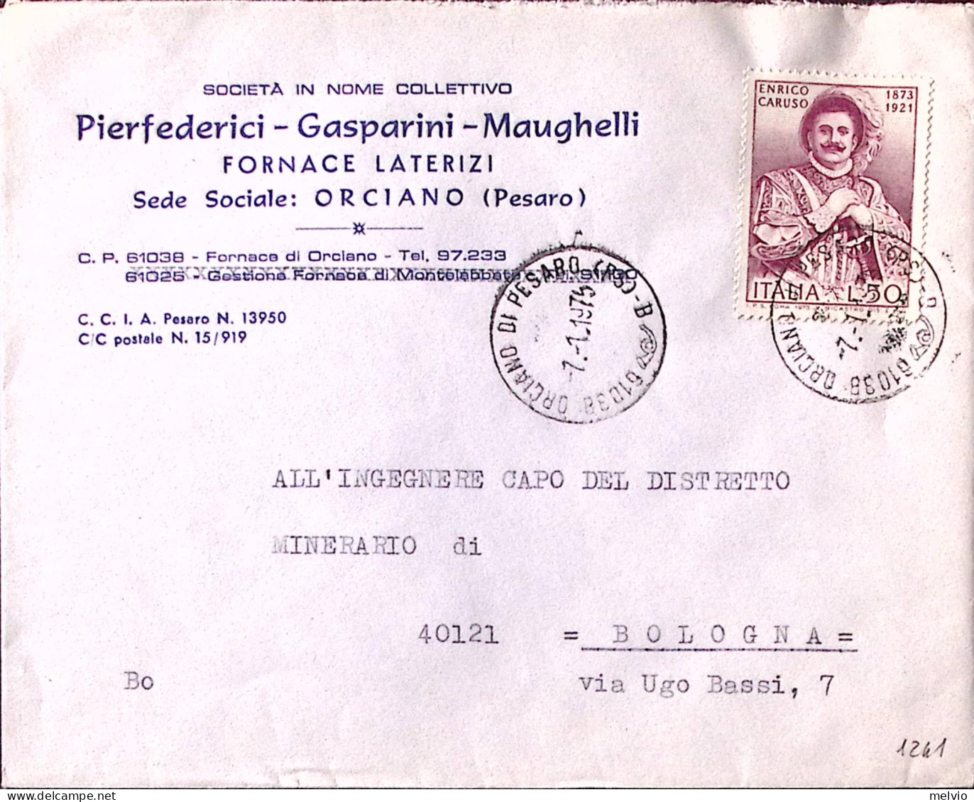 1975-E. CARUSO Lire 50 Isolato Su Busta Orciano Di Pesaro (7.1) - 1971-80: Marcophilie