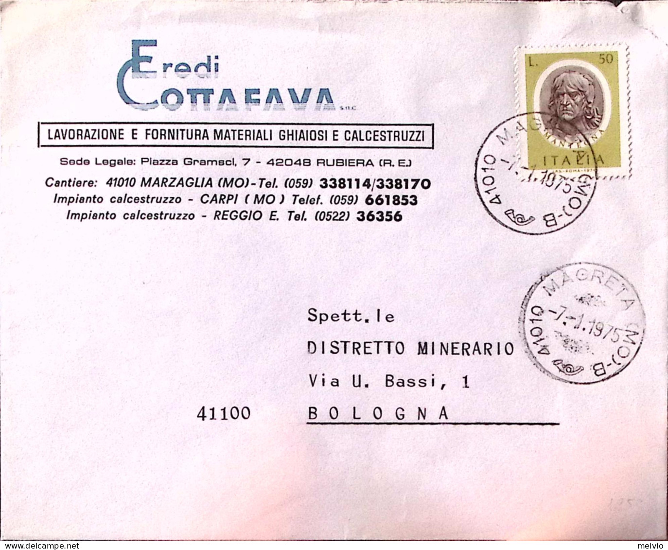 1975-MANTEGNA Lire 50 Isolato Su Busta Magreta (7.1) - 1971-80: Marcophilia