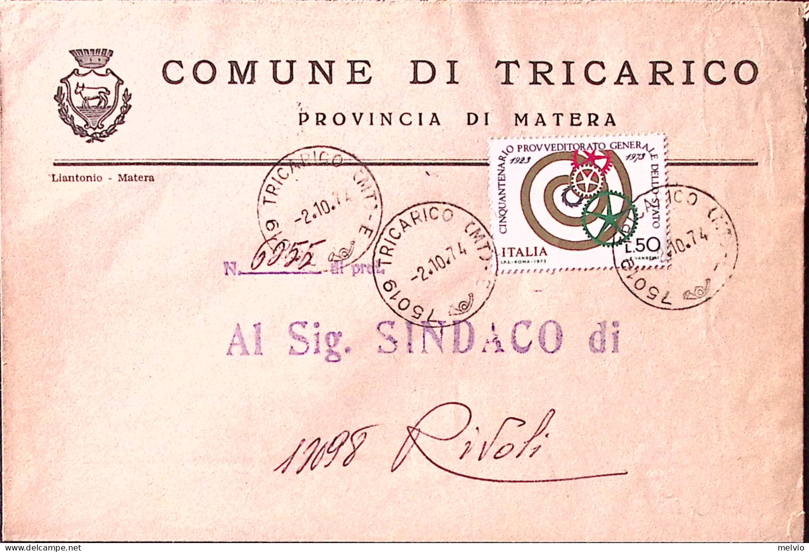 1974-PROVVEDITORATO STATO Lire 50 Isolato Su Busta Tricarico (2.10) - 1971-80: Marcophilie