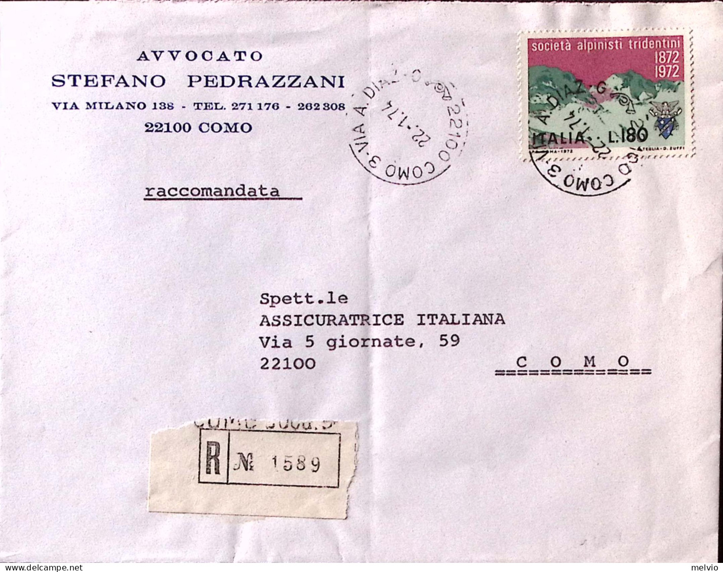 1974-SOC. ALPINISTI TRENTINI Lire 180 Isolato Su Busta Raccomandata Como (22.1) - 1971-80: Marcophilie