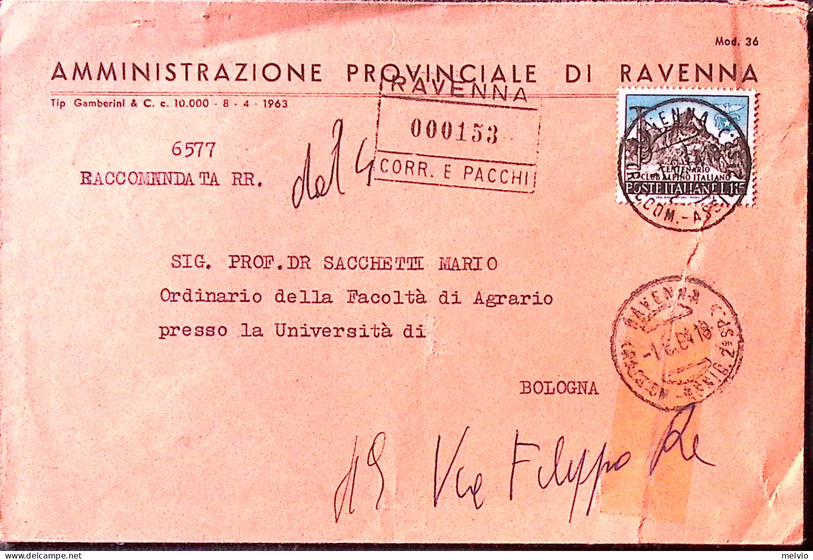 1964-CLUB ALPINO Isolato Su Raccomandata Ravenna (1.6) - 1961-70: Marcophilie