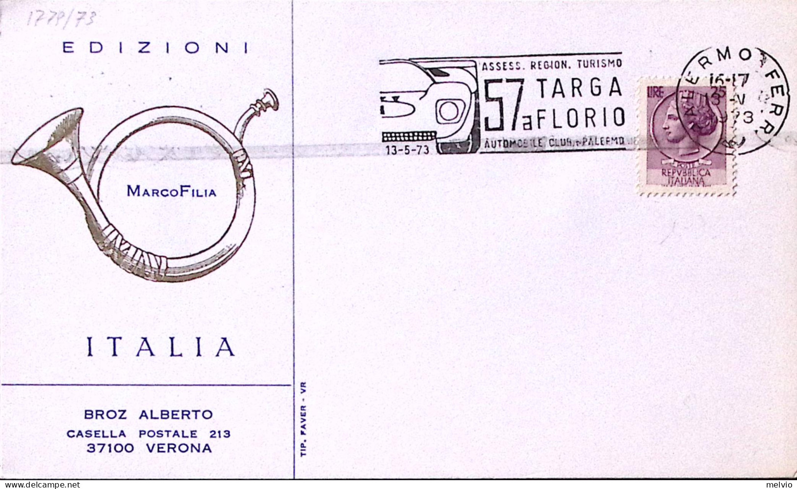 1973-PALERMO 57 Targa Florio (13.5) Annullo Speciale Su Cartolina - 1971-80: Marcophilia