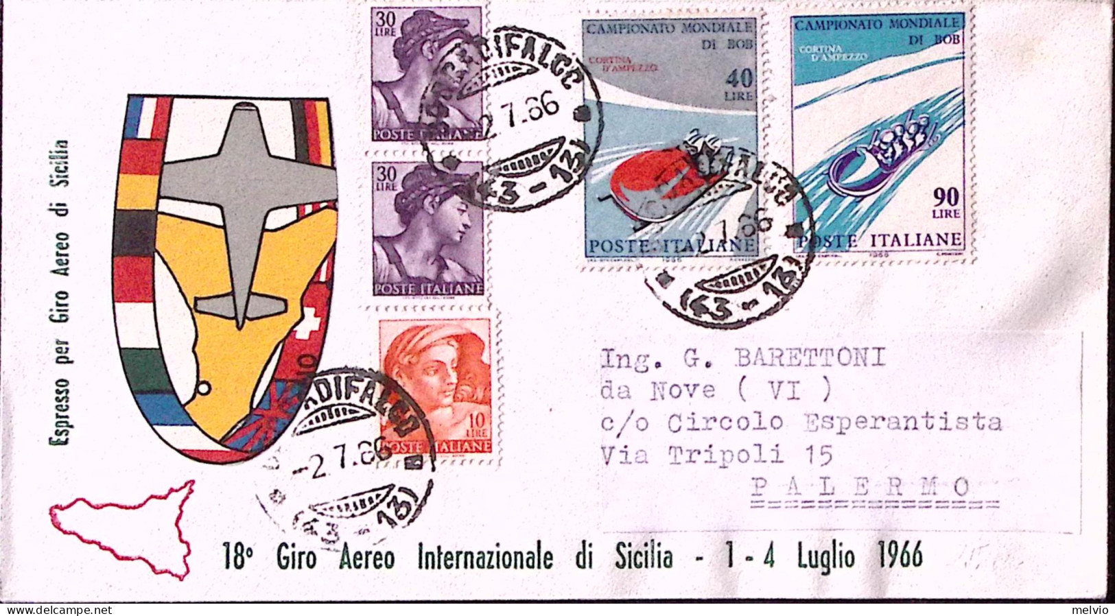 1966-18^ Giro Aereo Sicilia Espresso Boccadifalco (2.7) Per Palermo - Airmail