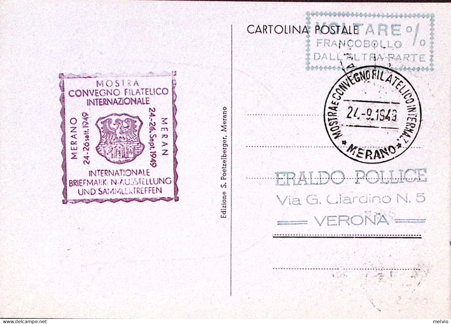 1949-MERANO Mostra Filatelica (24.9) Annullo Speciale Su Cartolina Affr. L.20 Fi - Manifestations