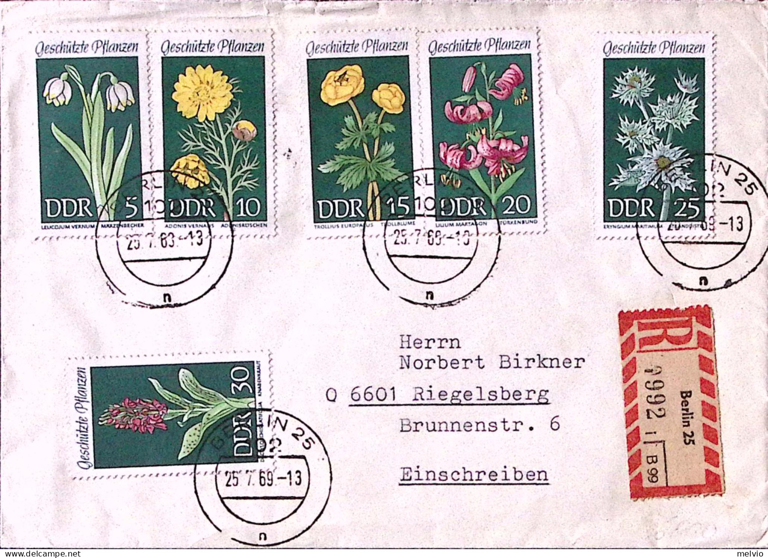 1969-GERMANIA DDR Piante Protette Serie Cpl. (1152/7) Su Raccomandata - Cartas & Documentos