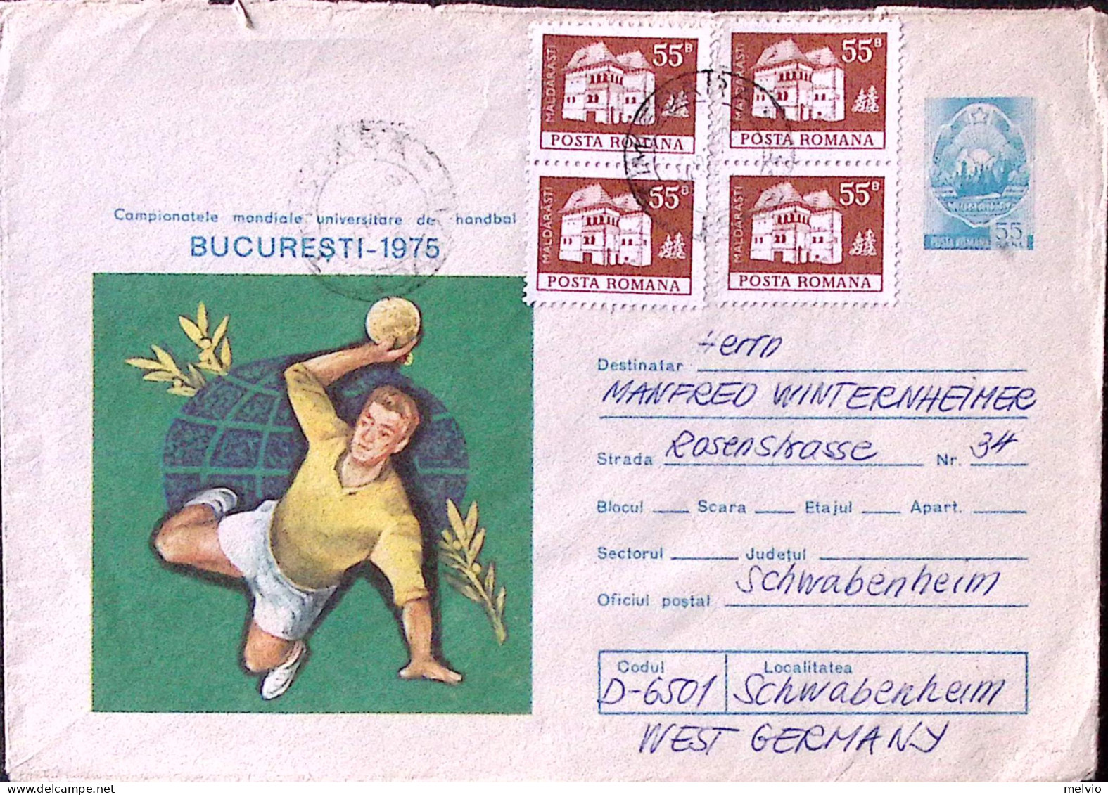 1975-Romania BUSTA POSTALE B.55 Campionati Mondiali Universitari Pallamano Bucar - Enteros Postales