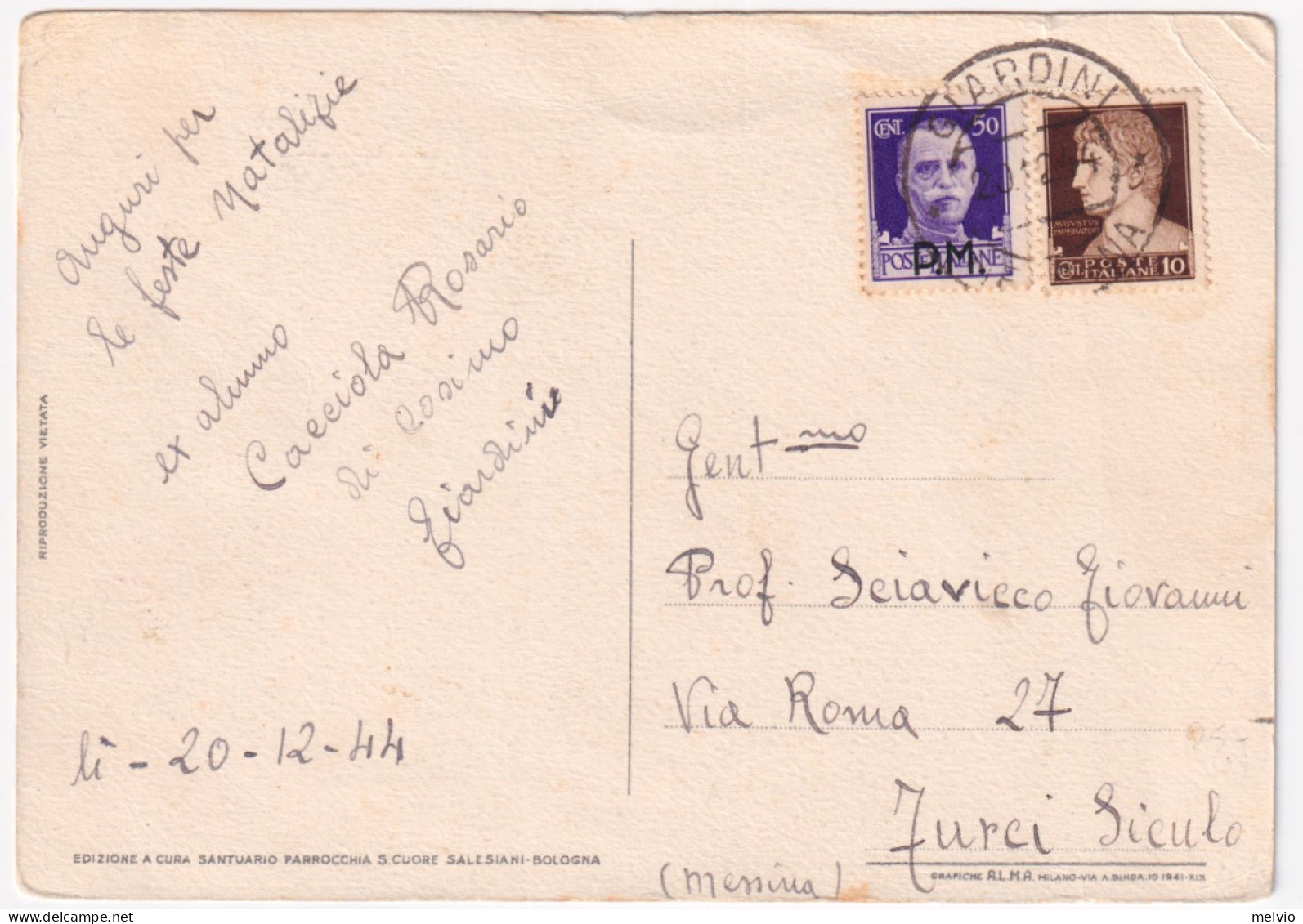 1944-Imperiale Sopr. PM C.50 (7) + Imperiale C.10 (245) Su Cartolina Giardini (2 - Marcophilia