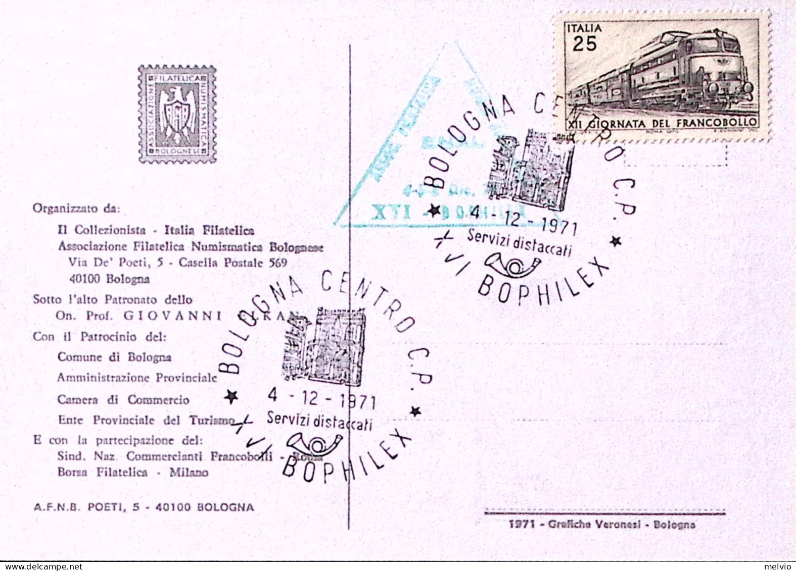 1973-BOLOGNA XVI Bophilex (4.12) Annullo Speciale Su Cartolina - 1971-80: Marcophilie