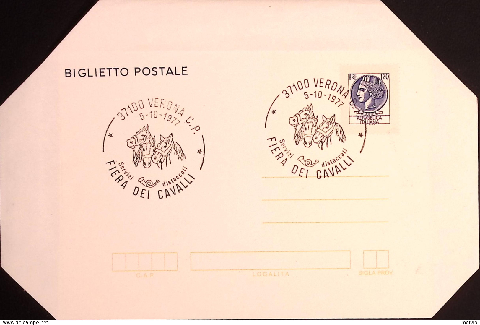 1977-VERONA Fiera Dei Cavalli (5.10) Annullo Speciale Su Biglietto Postale Non V - 1971-80: Marcophilie