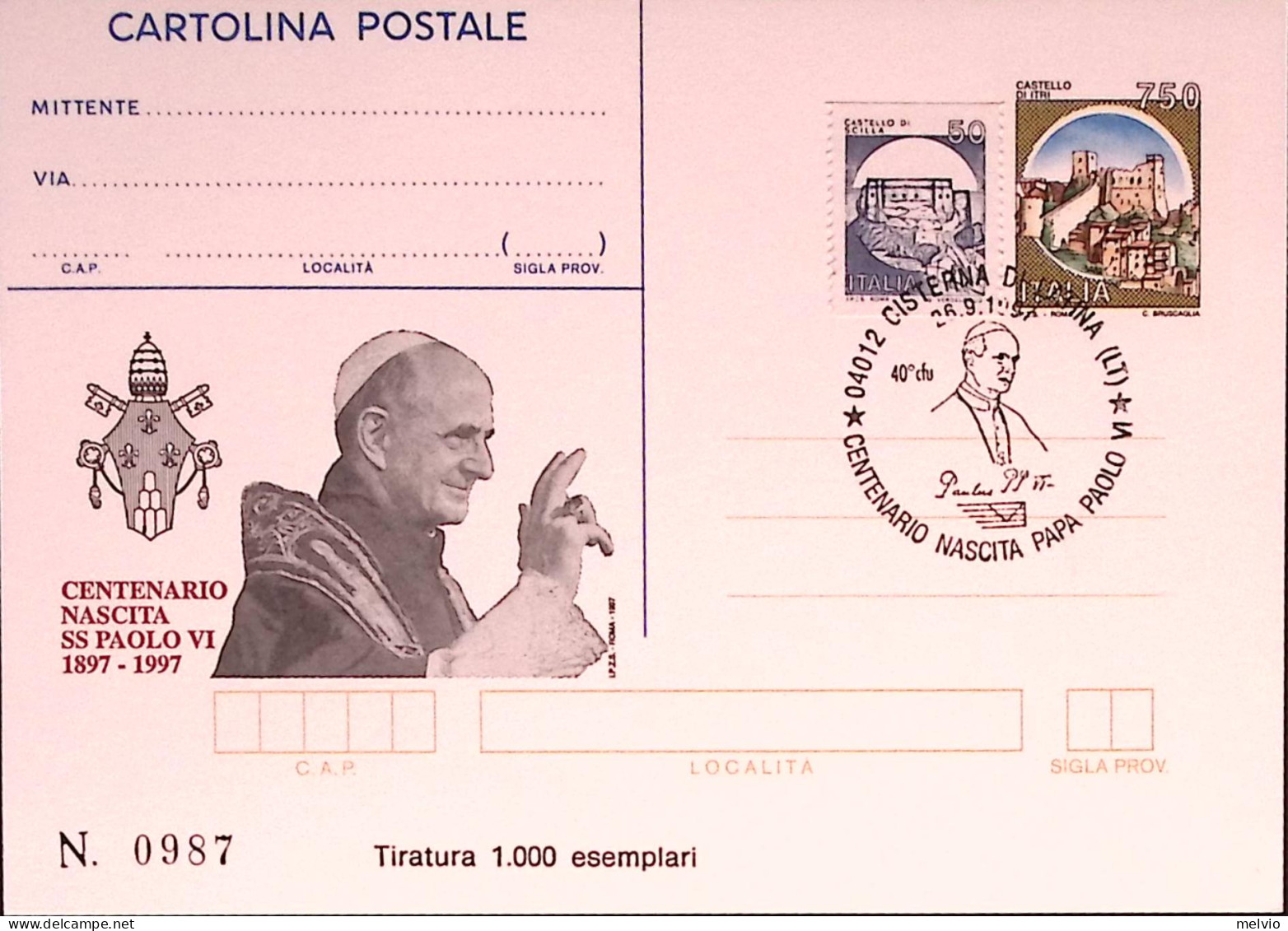 1997-100^ NASCITA PAOLO VI Cartolina Postale IPZS Lire 750 Ann Spec - Postwaardestukken