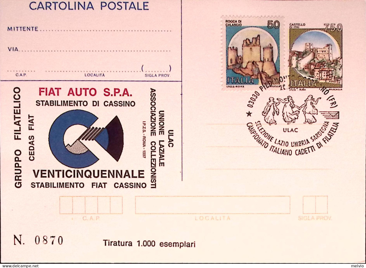 1997-CASSINO-FIAT 2 Cartoline Postali IPZS Lire 750 Con 2 Ann.spec.diff - Interi Postali