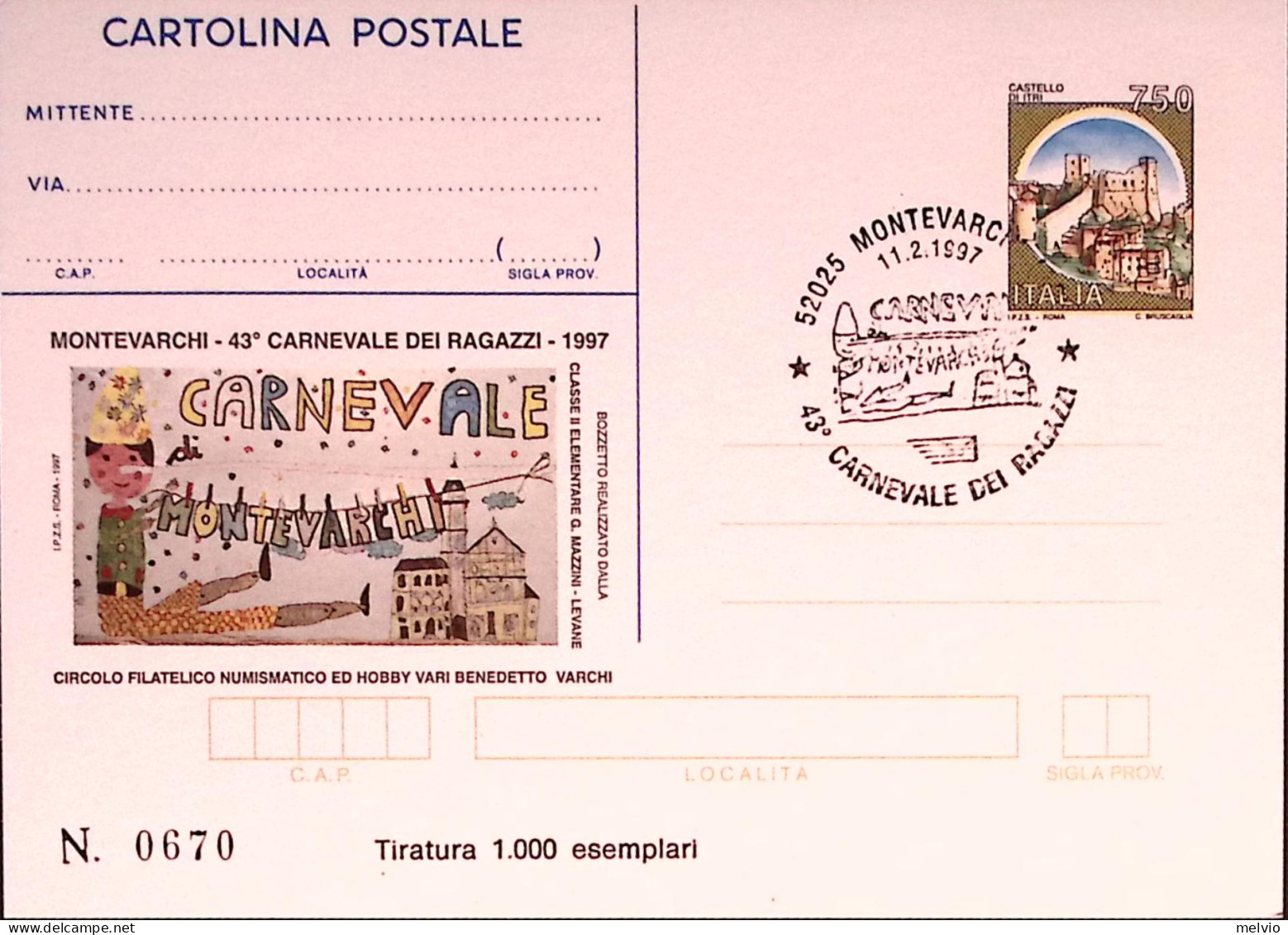 1997-MONTEVARCHI-CARNEVALE Cartolina Postale IPZS Lire 750 Ann Spec - Interi Postali