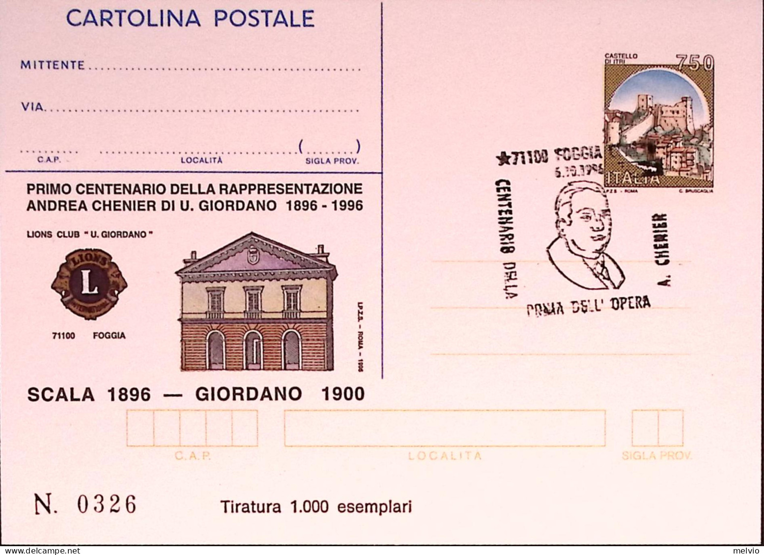 1996-FOGGIA-LIONS Cartolina Postale IPZS Lire 750 Ann Spec - Postwaardestukken