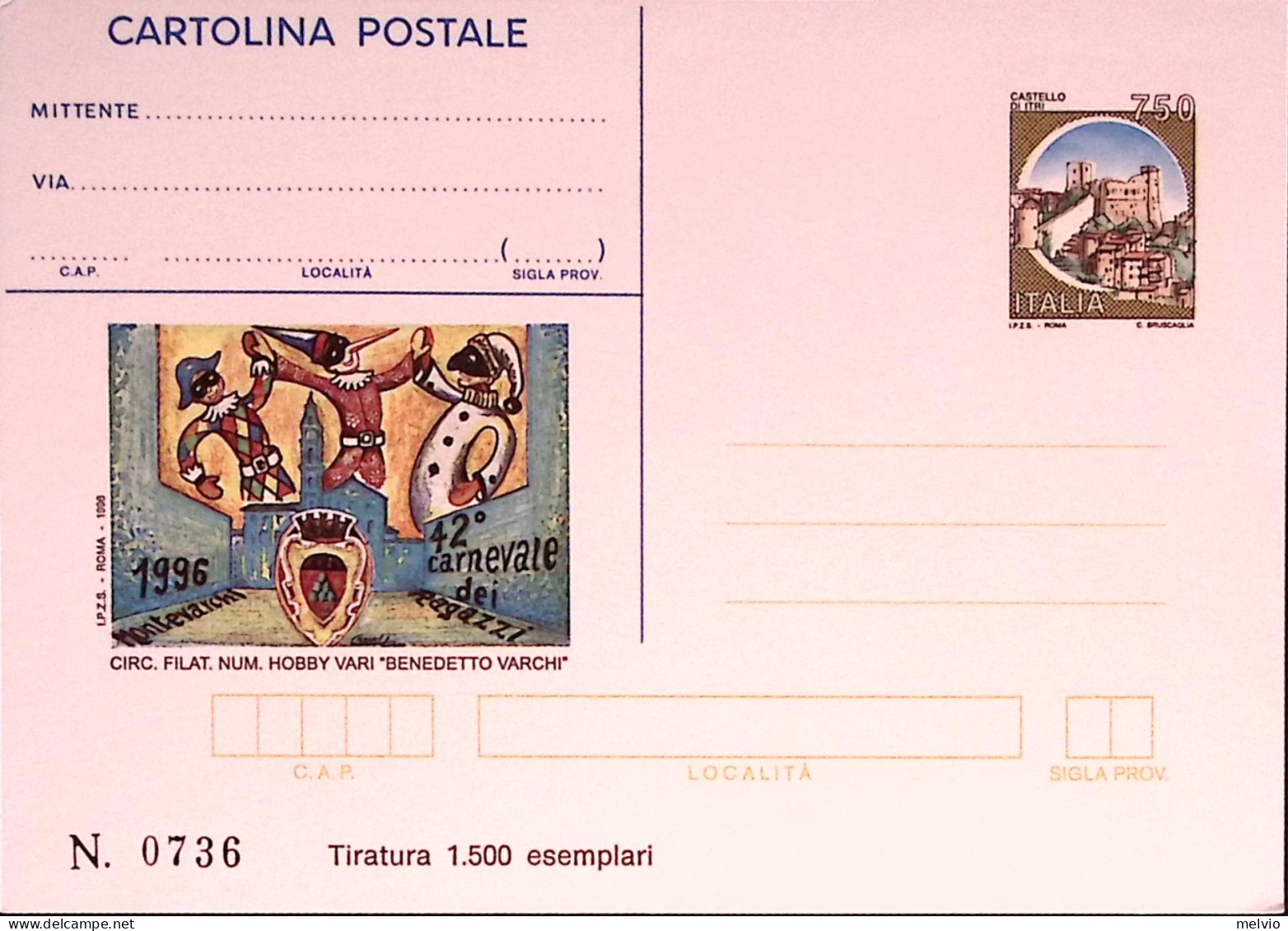 1996-MONTEVARCHI Cartolina Postale IPZS Lire 750 Nuova - Interi Postali